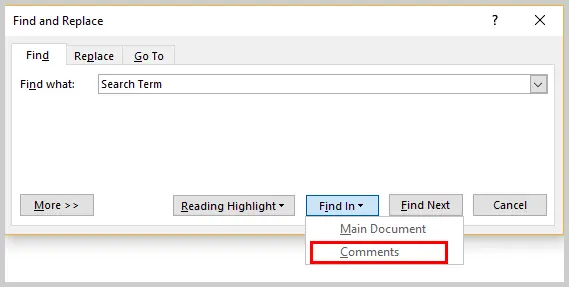 Klik pada ikon Find atau Search di bagian Comments atau Notes