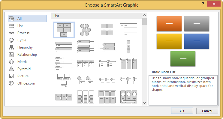 Microsoft Word kemudian akan menampilkan jendela menu berisi ratusan template SmartArt Graphic