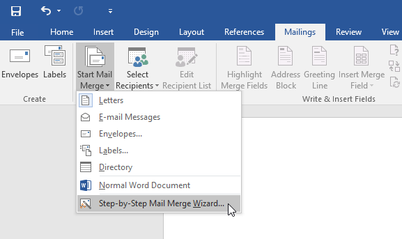 Pada Microsoft Word, klik tab Mailings > Start Mail Merge > Step by Step Mail Merge