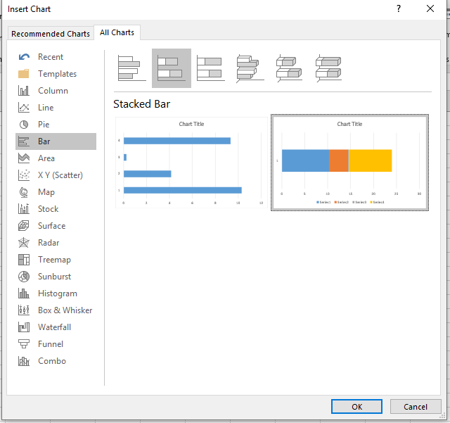 Untuk membuat grafik piramida penduduk, caranya dengan memblok seluruh data di dalam tabel. Selanjutnya klik tab menu Insert dan pilih menu Stacked bar. Terakhir pilih tombol Ok