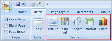 Berikutnya, klik tab Insert yang ada di bagian atas jendela Microsoft Word 2007 kemudian pilih Pictures di kolom Illustrations