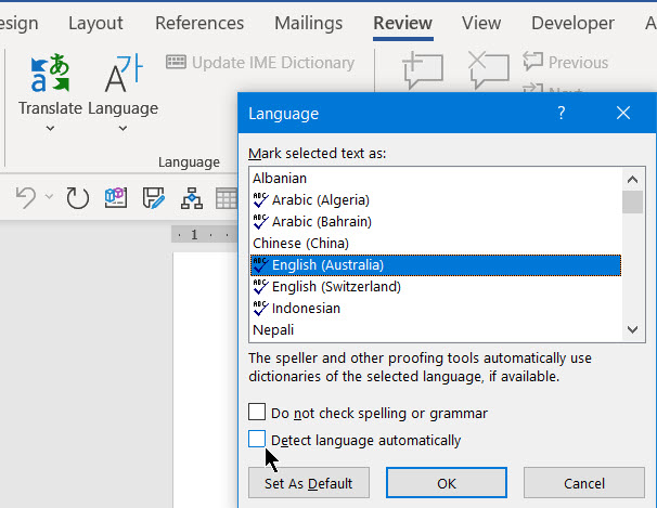 Cara membalik tulisan Arab di Word yang selanjutnya adalah memilih Arabic (Saudi Arabia) kemudian mencentang bagian Detect language automatically