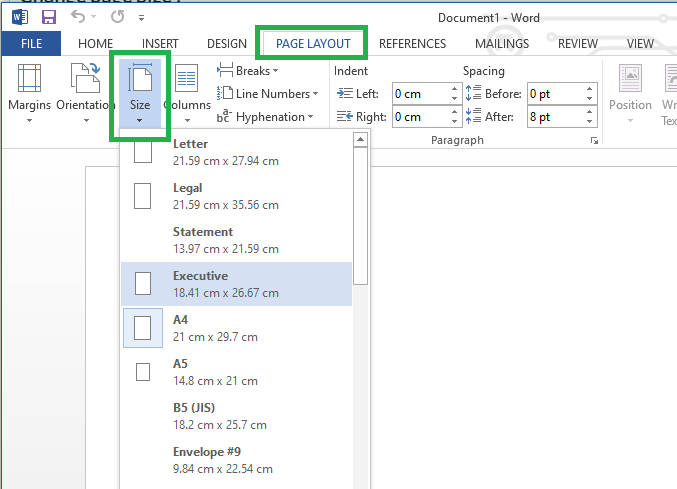 Di sebelah kiri, pada kolom Page Setup, klik Size untuk membuka daftar jenis dan ukuran kertas yang bisa dipilih dan digunakan