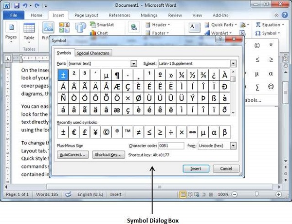 Klik More Symbols di Word 2010 untuk membuka dialog box yang menampilkan lebih banyak simbol dan karakter