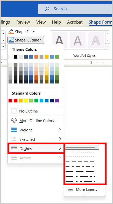 Masih di tab yang sama, Kamu bisa mengubah gaya garis putus-putus dengan cara klik “Shape Outline” dan pilih “Dashes”