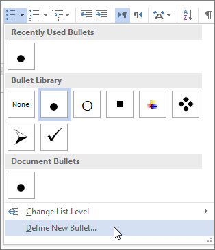 Nantinya akan muncul menu “Bullets Library” yang berisi berbagai gaya simbol atau poin