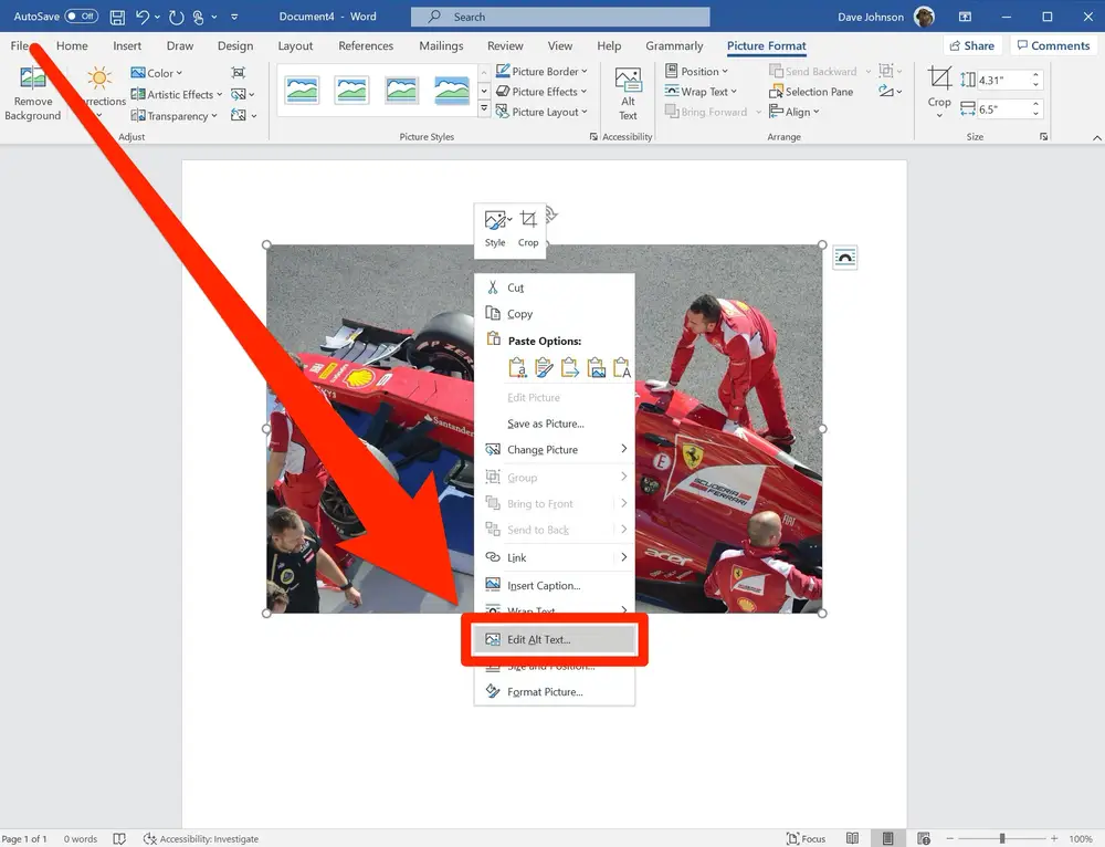 Pada tab Picture Format, klik menu Alt Text pada kolom Accessibility. Panel Alt Text untuk membuat tulisan di gambar akan muncul di sisi sebelah kanan jendela Microsoft Word