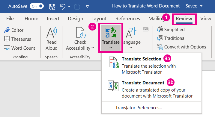 Selanjutnya, buka tab Review kemudian klik menu Translate di kelompok menu Language lalu pilih menu Translate Selection