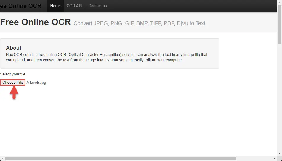 Setelah situs terbuka, klik Choose File dan unggah gambar atau hasil scan yang akan diubah ke teks
