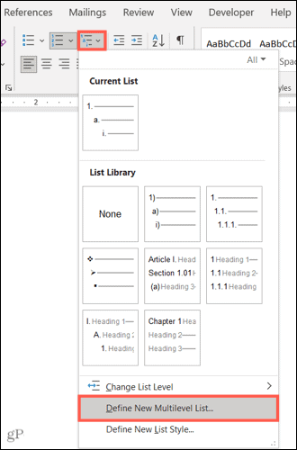 Tap opsi Define New Multilevel List... untuk membuat gaya list yang baru