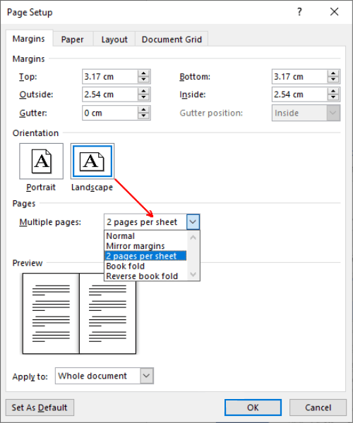 Drop down menu Multiple Pages dan pilih 2 Pages per Sheet