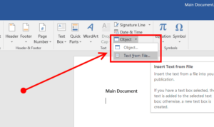 Pada menu insert, pilih opsi object lalu klik pada bagian text from file