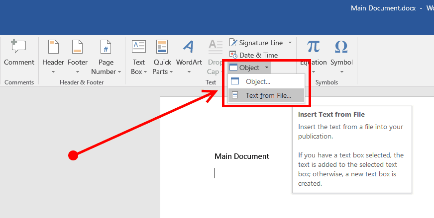 Pada menu insert, pilih opsi object lalu klik pada bagian text from file