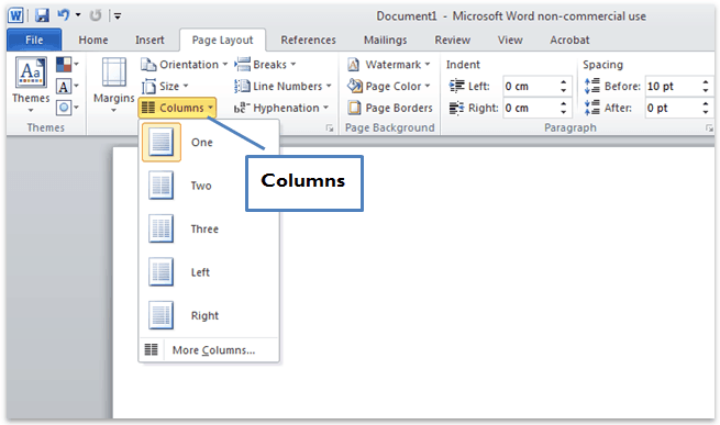 Pada tool group Page Setup, klik Columns