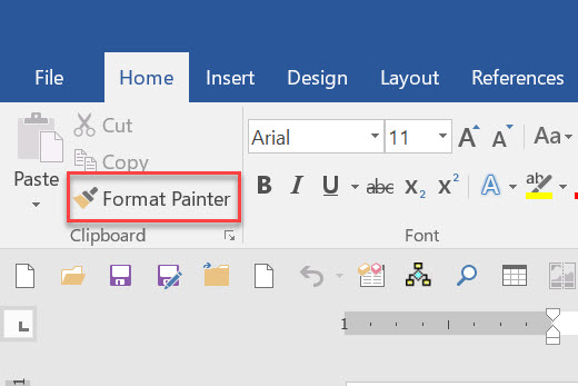 Pilih menu Home yang terletak di samping menu File. Dalam menu Home, klik pada bagian Format Painter. Pointer yang tadinya berbentuk tanda panah kini akan berubah menjadi bentuk kuas